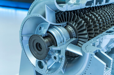 Model of turbine engine with longitudinal section for studying arrangement of blades and combustion chambers © xiaoliangge