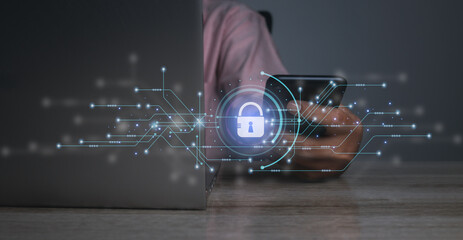 Lock icon and internet network security technology.