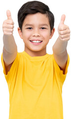 Happy mixed race boy in yellow t shirt smiling and looking at camera while showing thumbs up...