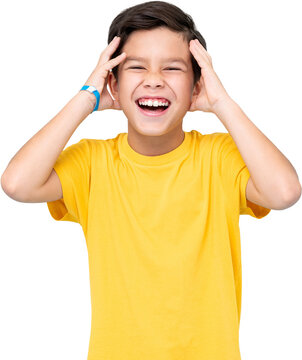 Excited mixed race boy in yellow t shirt touching head and laughing out loud, PNG file