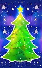 Digital watercolor painting - christmas tree with christmas celebration decorations, balls, star, lights and illumination. Art print. Holiday eve background design.