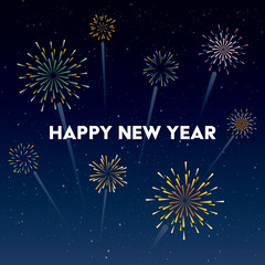 Abstract colorful fireworks on night sky background with texts "Happy New Year" at center. Greeting card square template.