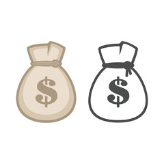 Money bag or sack vector icon. Flat style icon Bag with gold coin and dollar sign isolated on white background.