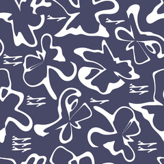 Hand-drawn seamless pattern with floral print. Abstract white flowers on purple background. Vector pattern for printing on fabric, gift wrapping, covers, wallpapers.