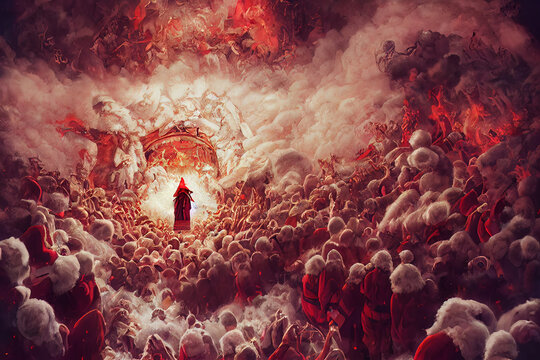 Christmas in hell, santa claus is lucifer himself at the gates of fire, scary, horror style