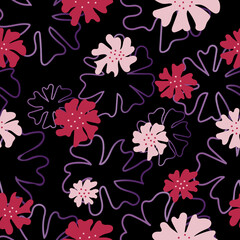 Fototapeta na wymiar Aesthetic contemporary seamless pattern with pink flowers. Modern floral print for textile, fabric, wallpaper, wrapping, gift wrap, paper, scrapbook and packaging