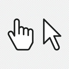 Arrow cursor and mouse hand symbol. Old, retro style. Cursor icons set isolated on transparent background. Vector illustration EPS 10.