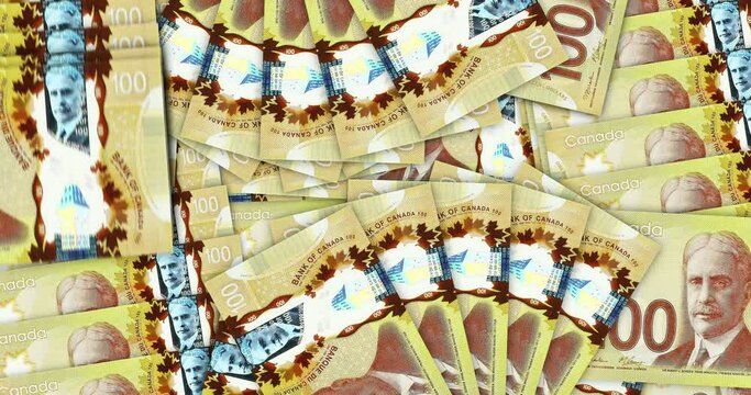 Canada Dollar banknotes in a cash fan mosaic pattern loop. Canadian 100 CAD notes. Abstract concept of bank, finance, economy seamless and looped decorative design background.