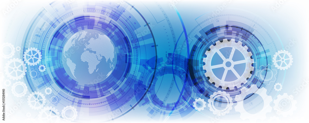 Wall mural abstract background, globe pattern and gears, futuristic technology mechanism, hi-tech and network c