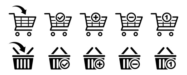 Shopping cart and basket icons vector set. Online store. Supermarket trolley set. Add and delete item to cart and basket. Vector 10 EPS. © Міша Герба