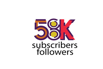 58K, 58.000 subscribers or followers blocks style with 3 colors on white background for social media and internet-vector