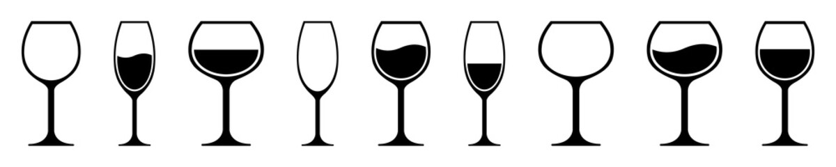 Set of wine glasses black vector icons. Types with wine glasses. Empty and full wine glasses. Vector 10 Eps.