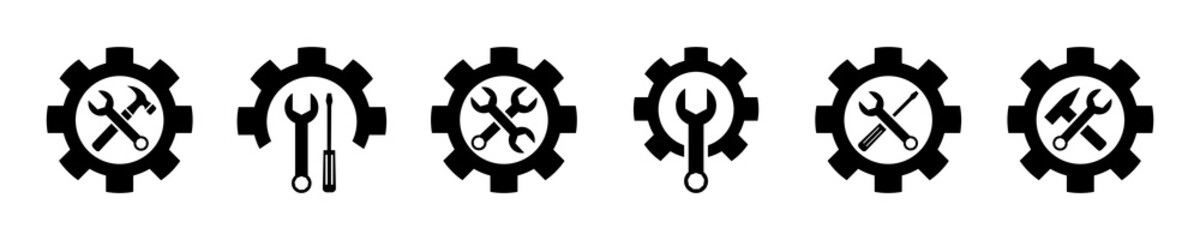Set of service tools and cogwheel vector icons. Wrench, spanner, screwdriver and hammer with gear.  Repair signs.