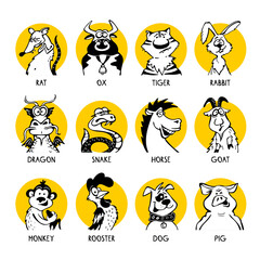 Crazy icons of 12 animals of the eastern zodiac for the horoscope for the Chinese New Year in yellow circles