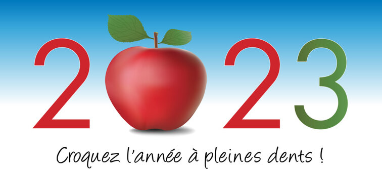 Carte de vœux pour le nouvel an 2023 montrant une pomme rouge, symbole de vie saine et diététique pour croquer la vie à pleine dents.