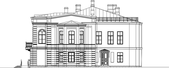 a sketch of a magnificent villa like a palace with a white background