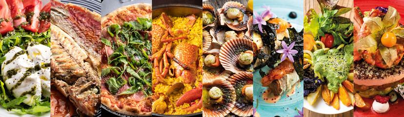 Collage of typical Mediterranean food dishes. Collage of South European healthy food dishes. Food menu collage for healthy food restaurants