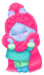 A cute little mouse cuddles with a warm cozy scarf. Digital drawing, illustration.