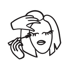 Girl or woman paint eyelashes with mascara. Make-up in a beauty salon, bob hairstyle. Vector illustration or outline icon in flat doodle style.