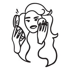 A girl or woman with long chic hair is powdered. Powder in hands, beauty industry, beauty, beauty salon. Vector doodle outline illustration or icon in cartoon simple style.