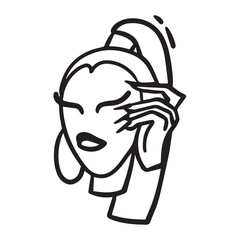 A girl or woman with long nails and a high ponytail. Icon or illustration in outline vector doodle cartoon tattoo style. Beauty industry, manicure, salon.