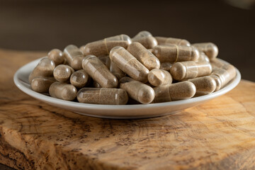 Lingzhi mushroom or Reishi mushroom supplement capsules