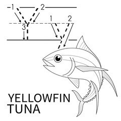Cute Sea Animal Alphabet Series. Y is for Yellowfin tuna. Vector cartoon character design illustration.