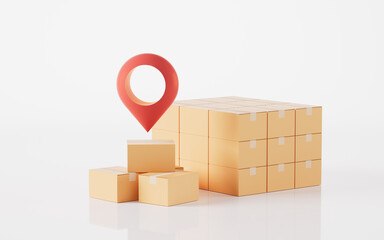 Packaging box and location sign, 3d rendering.