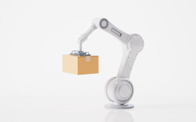 Mechanical arm and cardboard box, 3d rendering.