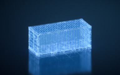 Cargo container with blue digital lines, freight and export, 3d rendering.