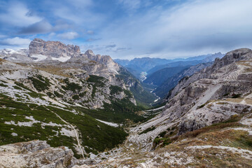 Fototapeta na wymiar View of valleys and high mountains in the Dolomites, Dolomite Alps, Tre Cime di Lavaredo, Italy