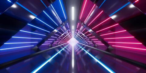Dark tunnel with glowing light illuminated, 3d rendering.