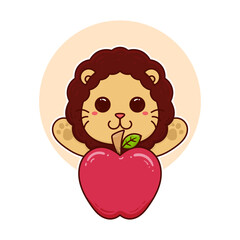 happy cute lion red apple fruit adorable cartoon doodle