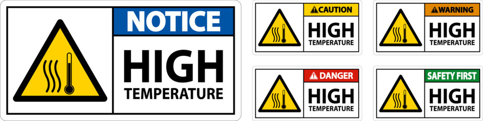 Caution High temperature symbol and text safety sign.
