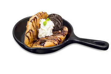 Top view of Nutella Crispy Roti with Ice Cream in the pan, focus selective