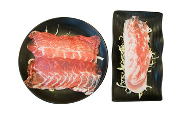 Top view of Sliced Beef with Shredded cabbage in the black plate, focus selective