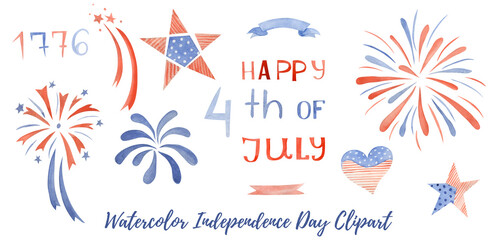 Watercolor usa independence fourth july day celebration flag illustration. Hight quality images isolated on a white background - obrazy, fototapety, plakaty