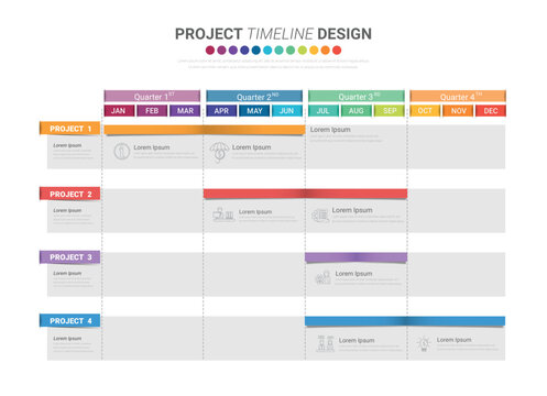 Project time plan business template with 4 project tasks in year or 12 months. Easy to use for your website or presentation.