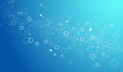 Molecular structure background. Science template wallpaper or banner with a DNA molecules. Asbtract molecule background with hexagons, wave flow, illustration.