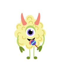 Cute monster with antler and lollipop chupa chups. Flat, cartoon, vector
