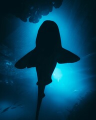 Bottom shot of a silhouette of shark, illuminated with blue light in dark water