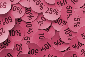 Large amount of yellow stickers with percentage values for black friday or cyber monday sale....