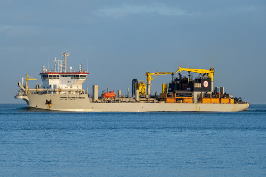 CUXHAVEN, GERMANY - NOVEMBER 24, 2022: Jan De Nul trailing suction hopper dredger PEDRO ALVARES CABRAL on the river Elbe