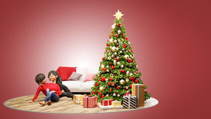3D illustration render. Cartoon characret young couple celebrating christmas and happy new year
