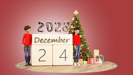 3D illustration render. Cartoon characret young couple celebrating christmas and happy new year