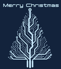 Merry Christmas bitcoin symbol banner. Christmas card. electrical circuit with bitcoin sign as christmas bauble ball. Greeting card. Image for xmas, finance, banking, cryptocurrency. 