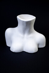 support as a vase, focus in front. plaster vase in the shape of a female bust on a black background. vase in the form of female antique statue's head, Contemporary art. Modern design
