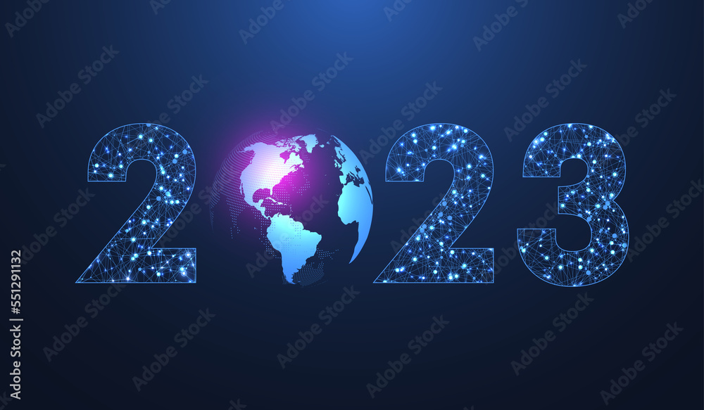 Poster Modern futuristic technology template for Merry Christmas and Happy New Year 2023 with connected lines and dots. Plexus geometric effect. Global network connection, illustration.