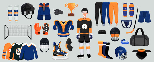 A set of hockey uniforms. Hockey goalkeeper. Puck, stick, helmet, protection, gate, knee pads, armlets, skates, bag, shorts, underpants, cup, whistle, gloves. cartoon