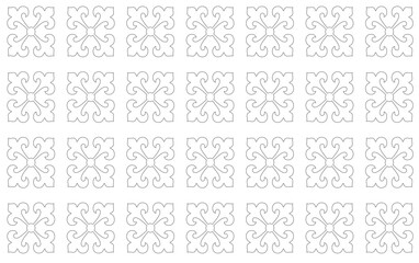 Floral or organic patterns have been translated into 2D graphics and made into repetitive patterns. Design in black and white.
